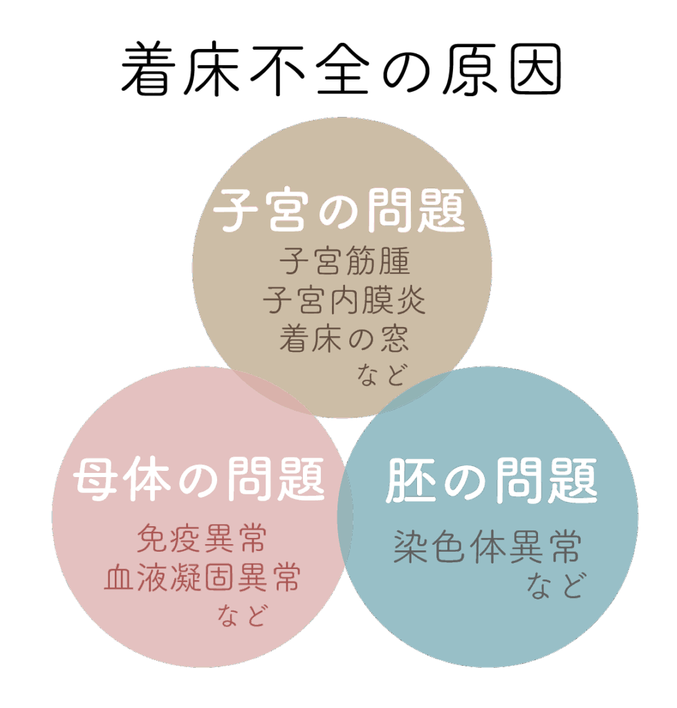 着床不全の原因には、子宮、母体、胚の問題などが関与している可能性があります。